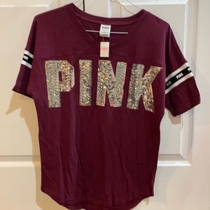 Pink Tee with sequin lettering